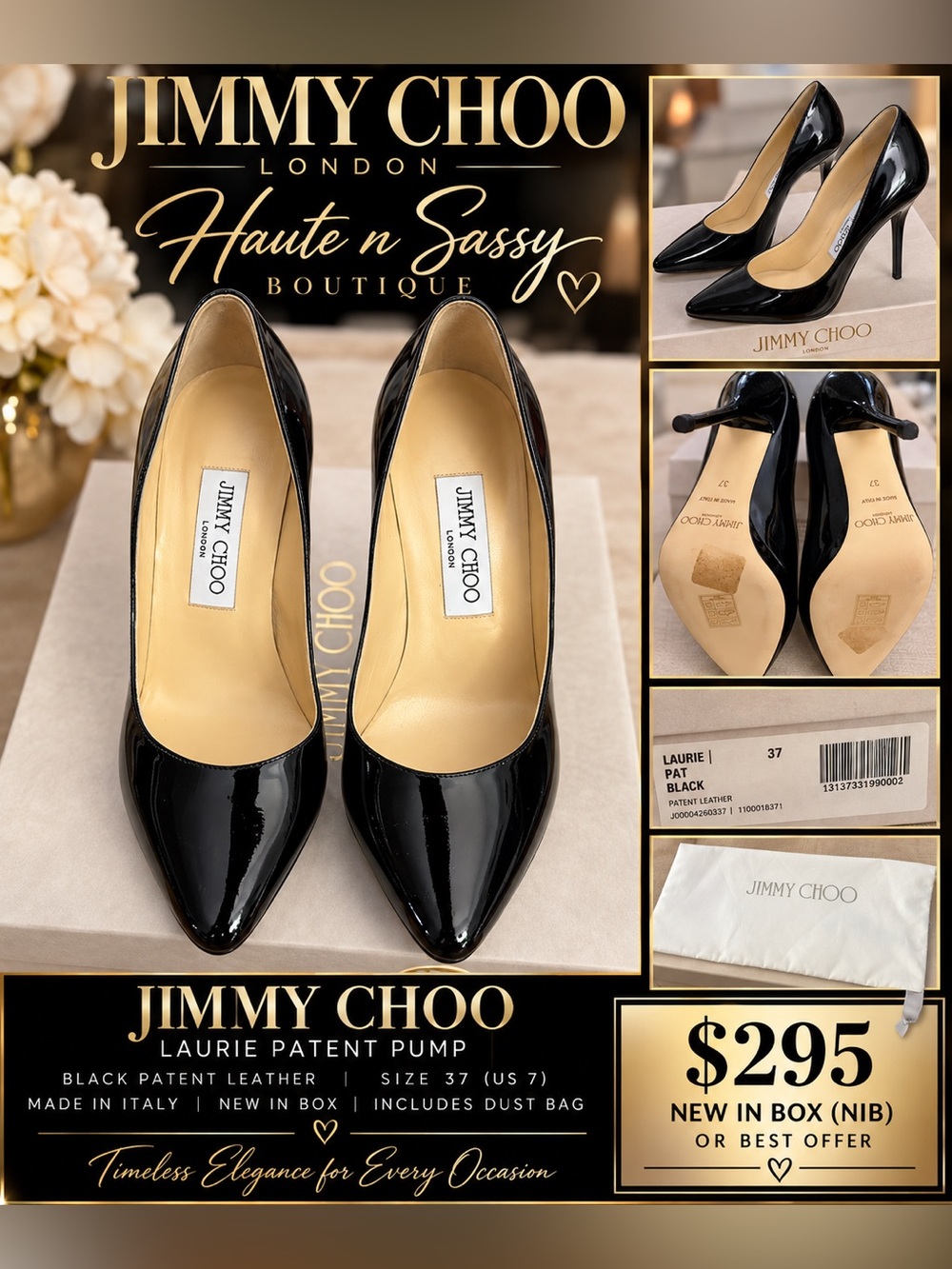 Jimmy Choo Laurie Black Patent Leather Pumps Size 37 NIB